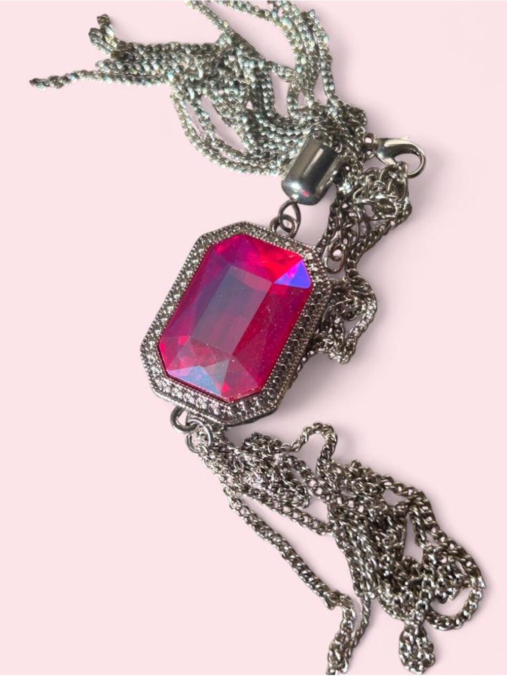 Silver Necklace with Bright Pink Emerald-Cut Pendant